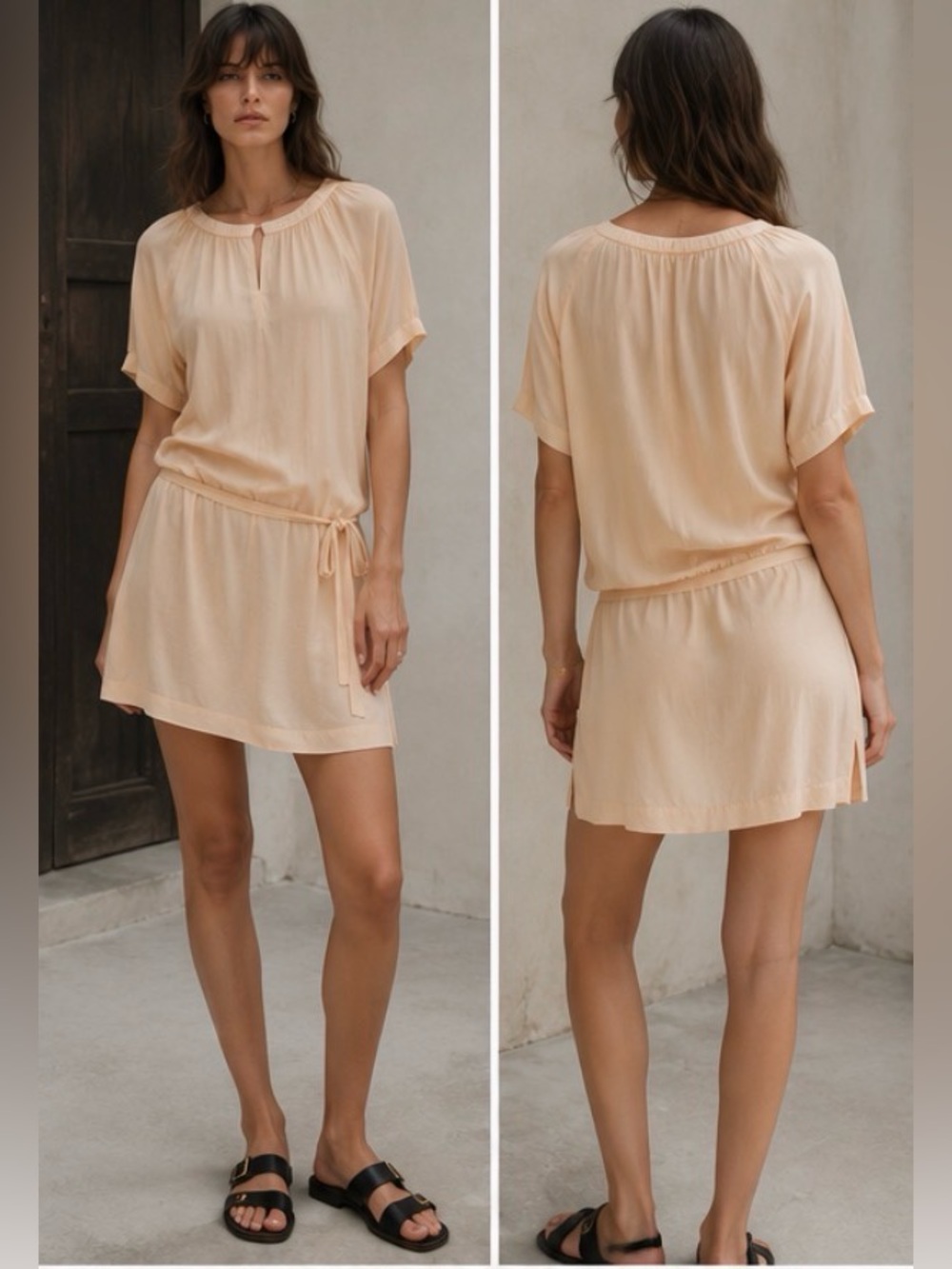 Humanoid Peach Short Sleeve Tie drop Waist Mini sheath Dress Dutch designer XS